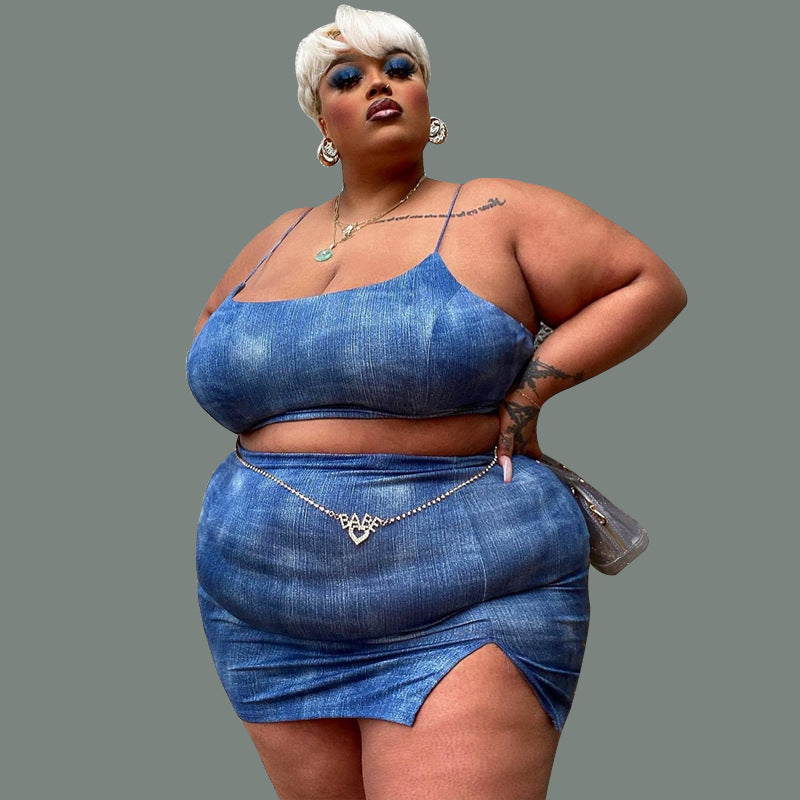 Plus Size Crop-Top Split Skirt Outfit Women Two-Piece Suit