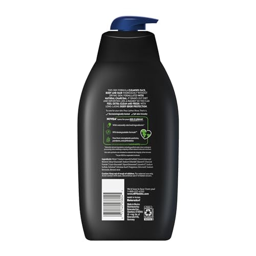NIVEA Men Active Clean Body Wash with Natural Charcoal for Normal to Oily Skin, 3-in-1 Charcoal Body Wash, Face and Hair, Draws Out Dirt and Impurities, 16.9 Fl Oz Bottle, Pack of 3