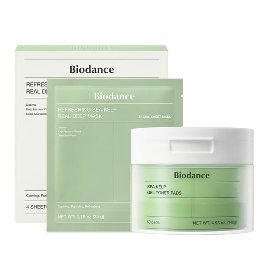 BIODANCE Sea Kelp Day & Night Gel Duo: Sea Kelp Hydrogel Mask & Sea Kelp Gel Toner Pads, Calming & Soothing, Sebum Control for Sensitive Skin, Oily Skin, 4 Masks + 60 Pads