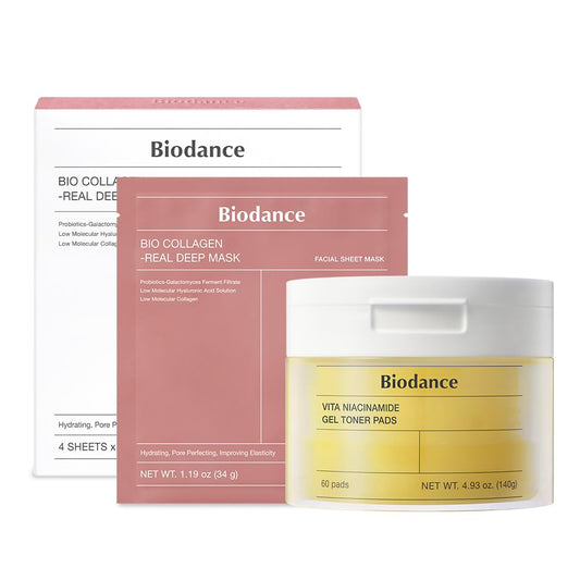 Biodance Radiance & Firming Skincare Duo, Vita Niacinamide Gel Toner Pads and Bio-Collagen Real Deep Hydrogel Mask, Brightening and Pore-Minimizing Care for Dull and Sensitive Skin, 60 Pads + 4 Masks