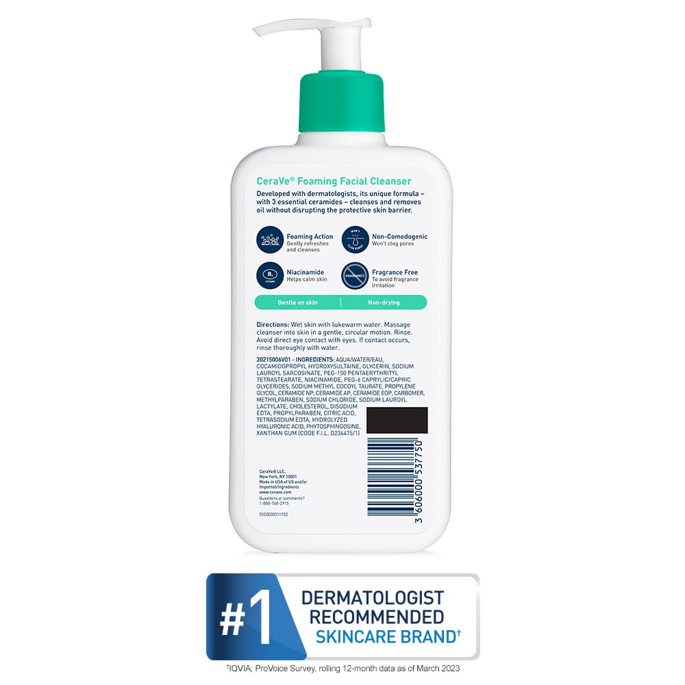 CeraVe Foaming Facial Cleanser, Daily Face Wash for Oily Skin, Hyaluronic Acid + Ceramides + Niacinamide, Fragrance Free & Paraben Free, Non-Drying Oil Control Face Wash, 16 Fluid Ounces