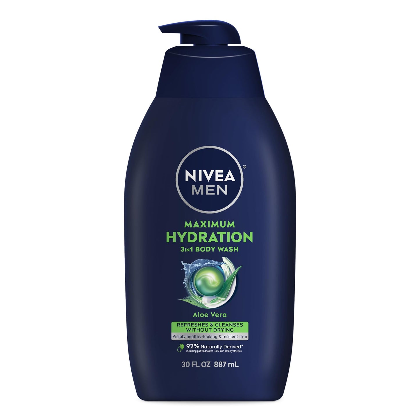 Nivea Men Maximum Hydration Body Wash for Dry Skin, Aloe Vera Enriched, 3-in-1 Moisturizing Body Wash, Face and Hair, Paraben Free, Vegan Formula, 16.9 Fl Oz Bottle, Pack of 3