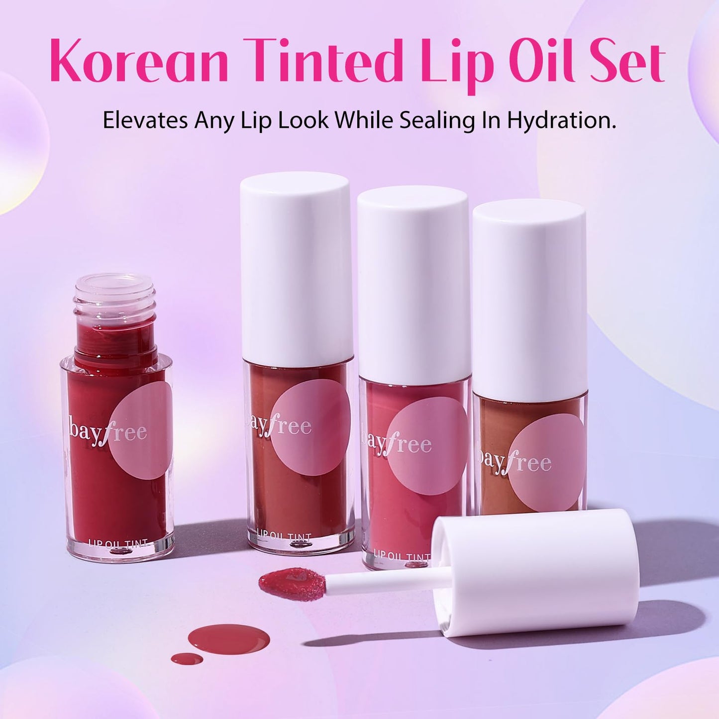 Tinted Lip Oil Stain Set, Hydrating High Shine Lip Gloss Set, Long-Lasting Bright Color Lipgloss for Dull Lips, Weightless & Non-Sticky, Vegan Korean Makeup, Crystal Finish