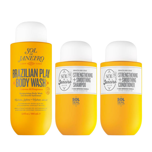SOL DE JANEIRO Ultimate Shower Bundle | Full Size Brazilian Play Moisturizing Shower Cream Gel Body Wash + Brazilian Joia Damage Repairing Shampoo and Conditioner Set | Amazon Exclusive