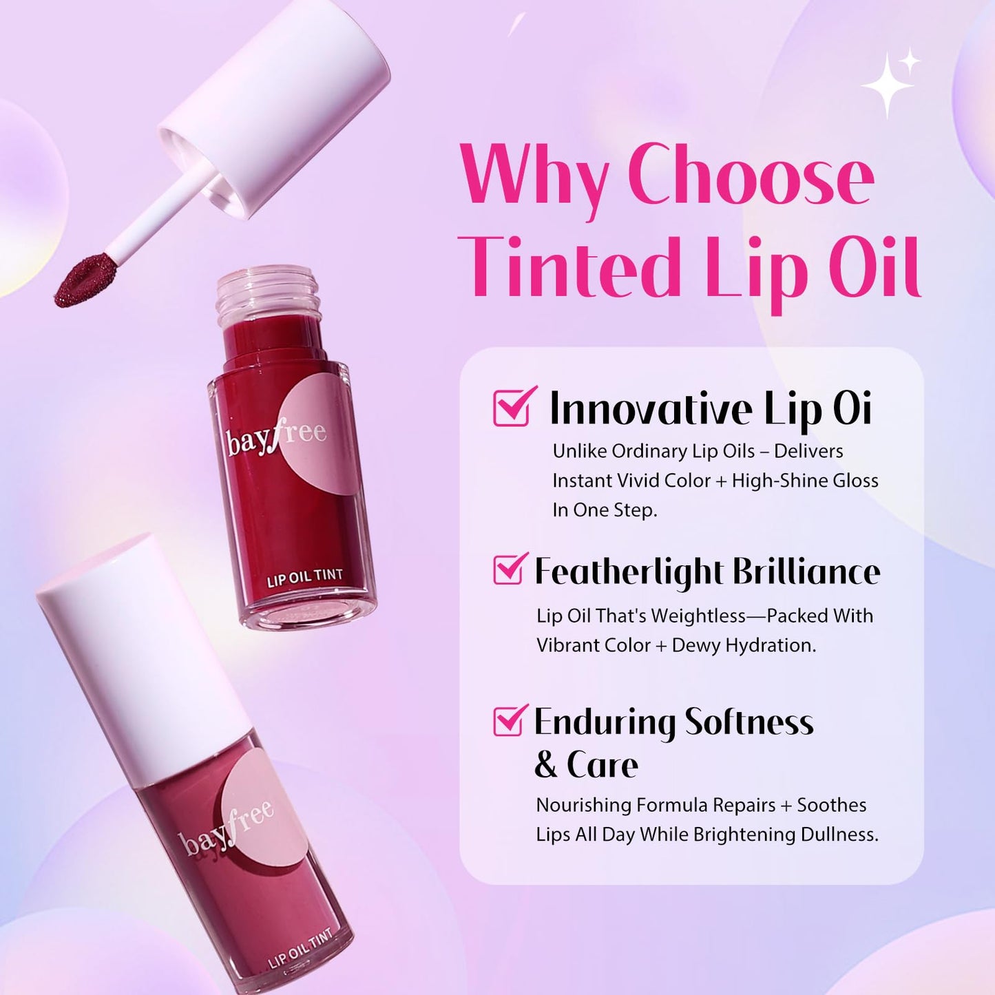 Tinted Lip Oil Stain Set, Hydrating High Shine Lip Gloss Set, Long-Lasting Bright Color Lipgloss for Dull Lips, Weightless & Non-Sticky, Vegan Korean Makeup, Crystal Finish