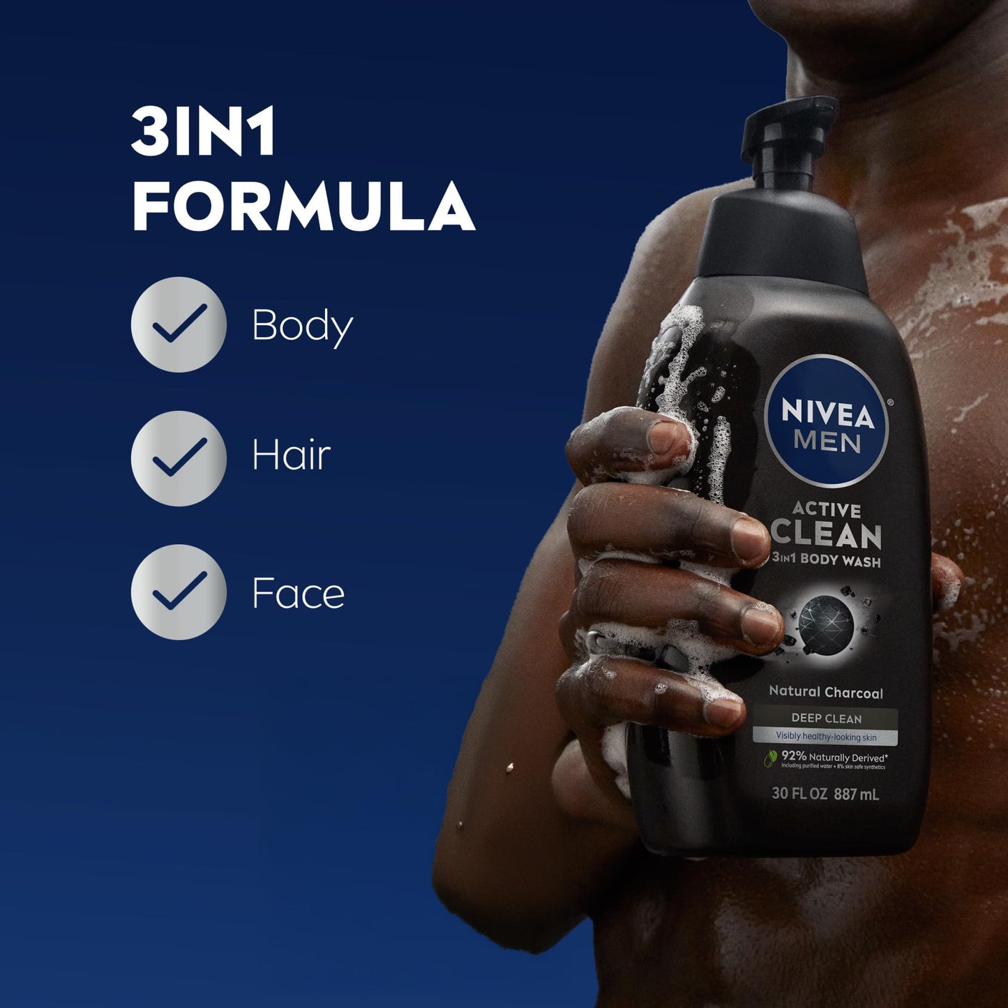 NIVEA Men Active Clean Body Wash with Natural Charcoal for Normal to Oily Skin, 3-in-1 Charcoal Body Wash, Face and Hair, Draws Out Dirt and Impurities, 16.9 Fl Oz Bottle, Pack of 3