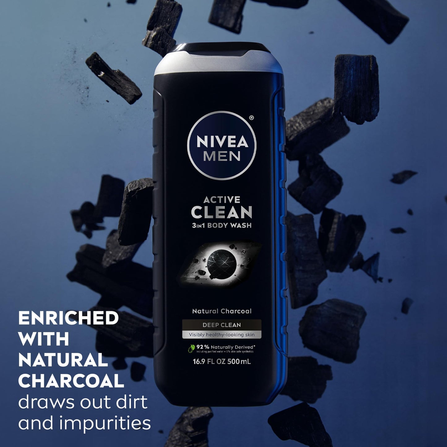 NIVEA Men Active Clean Body Wash with Natural Charcoal for Normal to Oily Skin, 3-in-1 Charcoal Body Wash, Face and Hair, Draws Out Dirt and Impurities, 16.9 Fl Oz Bottle, Pack of 3