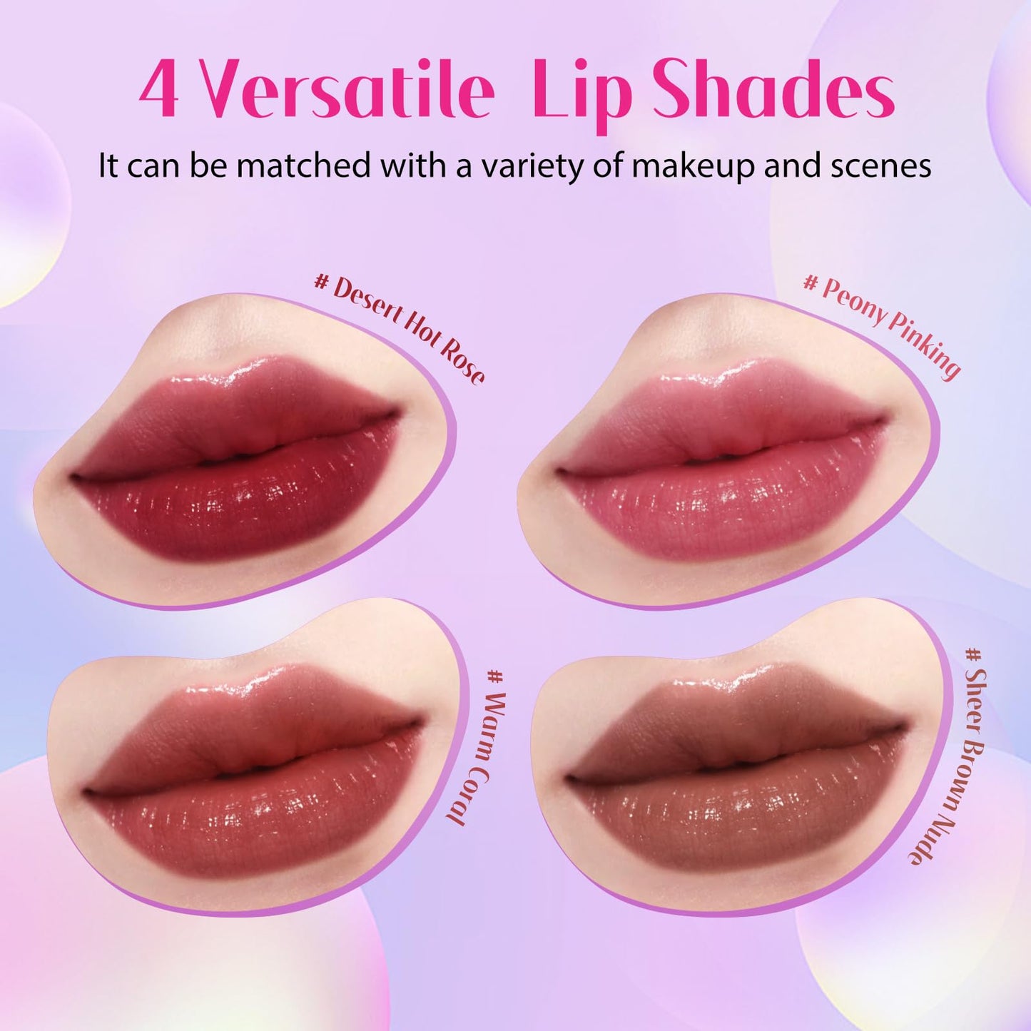 Tinted Lip Oil Stain Set, Hydrating High Shine Lip Gloss Set, Long-Lasting Bright Color Lipgloss for Dull Lips, Weightless & Non-Sticky, Vegan Korean Makeup, Crystal Finish