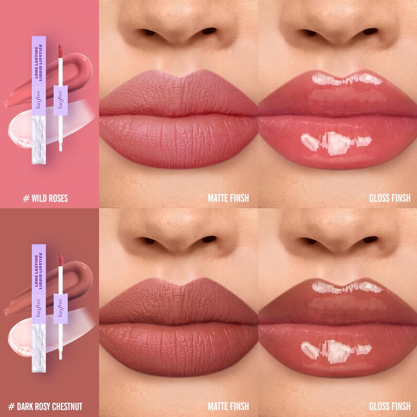 Long Lasting Liquid Lipstick with Clear Lip Gloss Set, High Pigment and Shine Lip Stain, Waterproof, Kiss-Proof, Up to 24H Wear, 0.15 Fl oz (Nude Rose Gold)