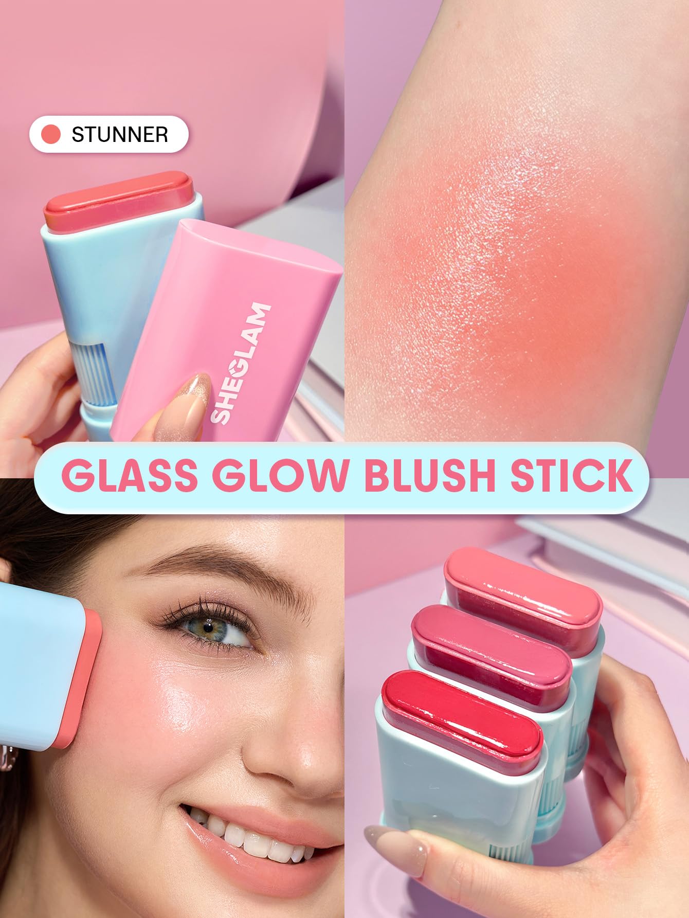 SHEGLAM Glass Glow Blush Stick Cream for Cheek and Lip, Waterproof Hydrating Tinted Solid Moisturizer Blendable Natural Grow Nude Face Blush Makeup-Stunner