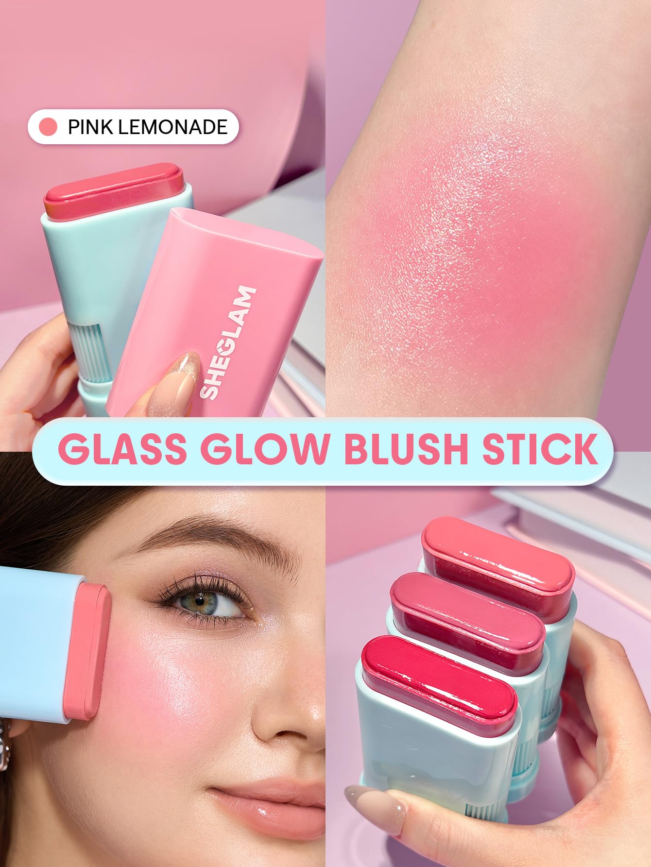 SHEGLAM Glass Glow Blush Stick Cream for Cheek and Lip, Waterproof Hydrating Tinted Solid Moisturizer Blendable Natural Grow Nude Face Blush Makeup-Stunner