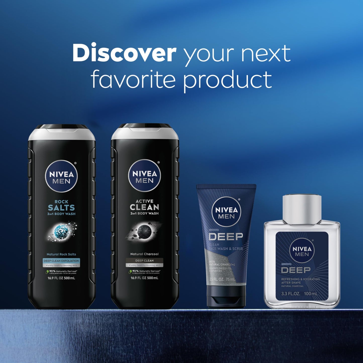 NIVEA Men Active Clean Body Wash with Natural Charcoal for Normal to Oily Skin, 3-in-1 Charcoal Body Wash, Face and Hair, Draws Out Dirt and Impurities, 16.9 Fl Oz Bottle, Pack of 3