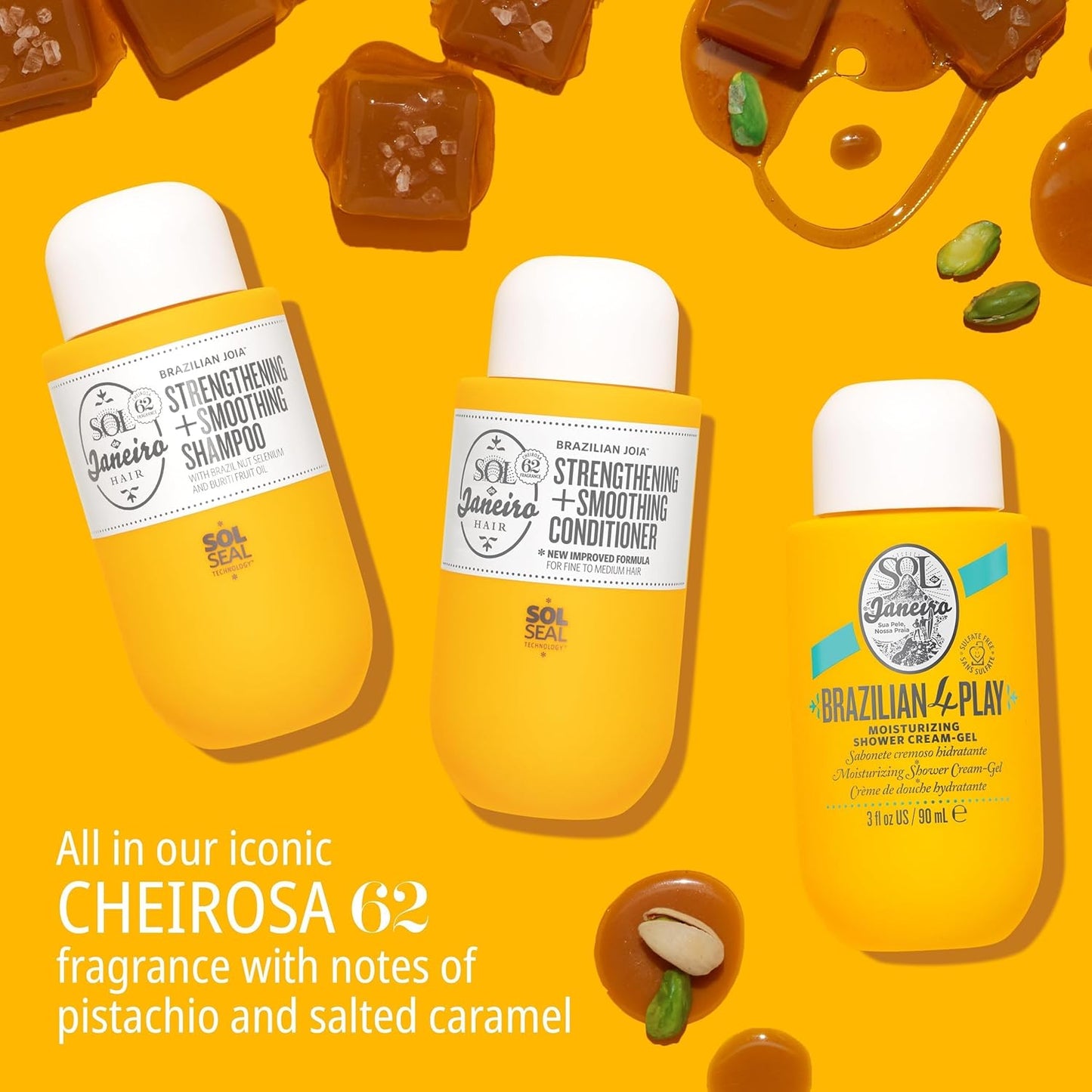 SOL DE JANEIRO Mini Brazilian Play Moisturizing Shower Cream Gel Body Wash + Brazilian Joia Damage Repairing Shampoo and Conditioner Set
