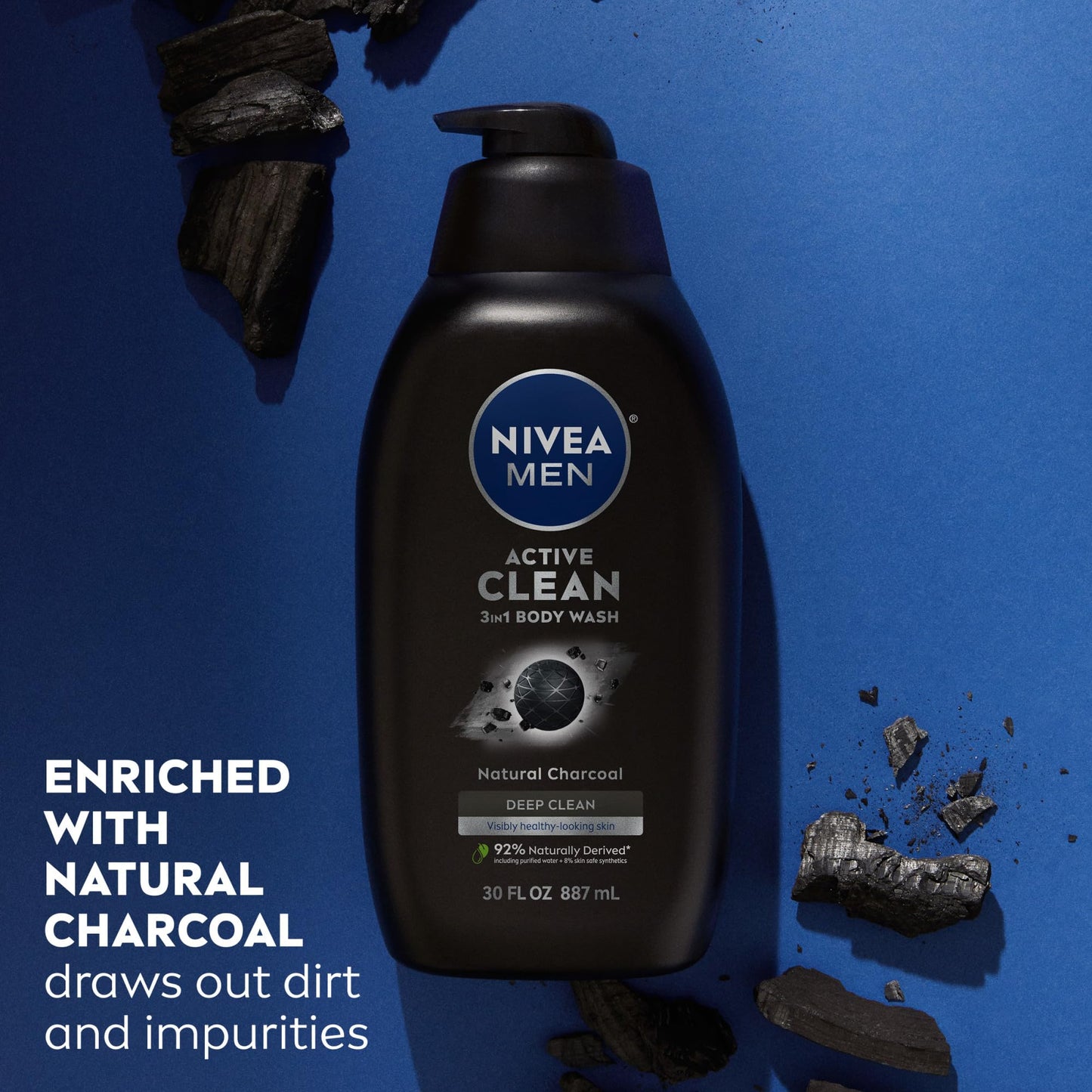 NIVEA Men Active Clean Body Wash with Natural Charcoal for Normal to Oily Skin, 3-in-1 Charcoal Body Wash, Face and Hair, Draws Out Dirt and Impurities, 16.9 Fl Oz Bottle, Pack of 3