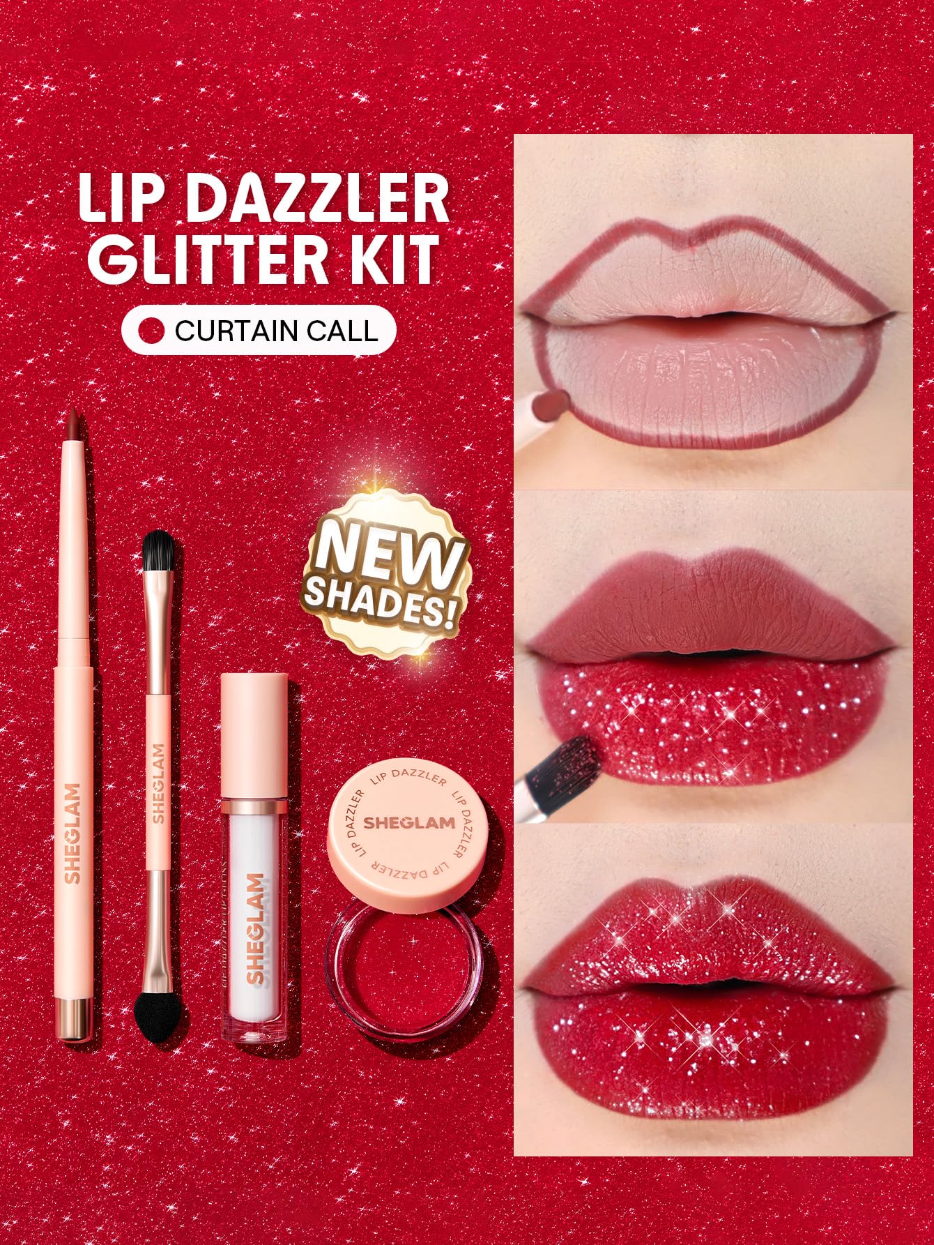 SHEGLAM Lip Dazzler Glitter Kit Long-Lasting Glitter Lip Gloss Sexy Super Stay Non-Sticky Shiny Liquid Kit Lipstick Y2K-Center Stage