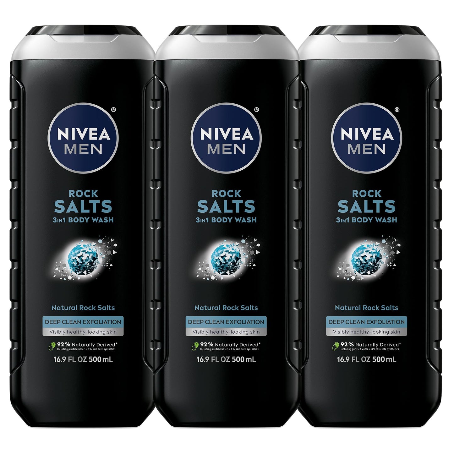 NIVEA Men Active Clean Body Wash with Natural Charcoal for Normal to Oily Skin, 3-in-1 Charcoal Body Wash, Face and Hair, Draws Out Dirt and Impurities, 16.9 Fl Oz Bottle, Pack of 3