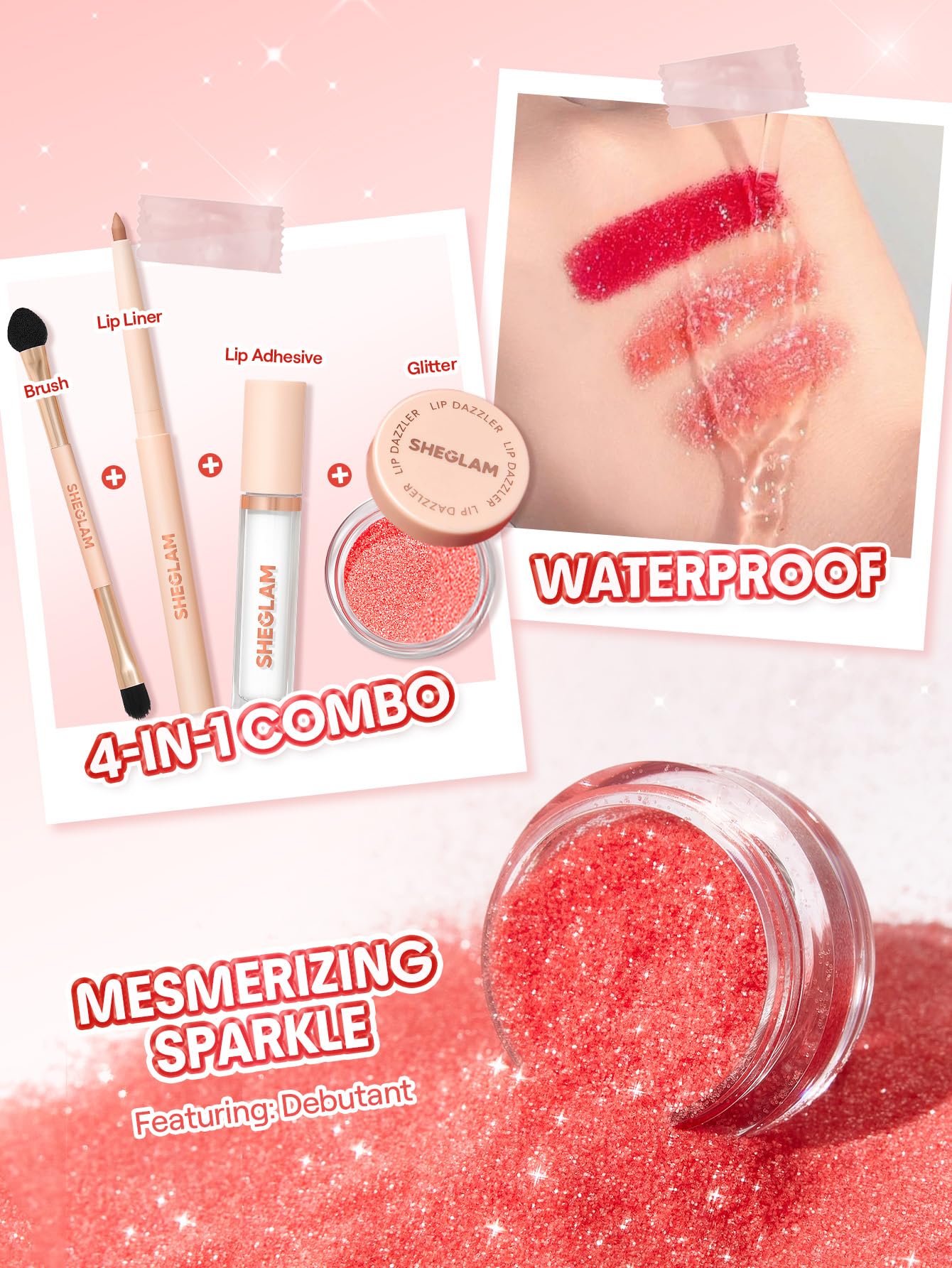 SHEGLAM Lip Dazzler Glitter Kit Long-Lasting Glitter Lip Gloss Sexy Super Stay Non-Sticky Shiny Liquid Kit Lipstick Y2K-Center Stage