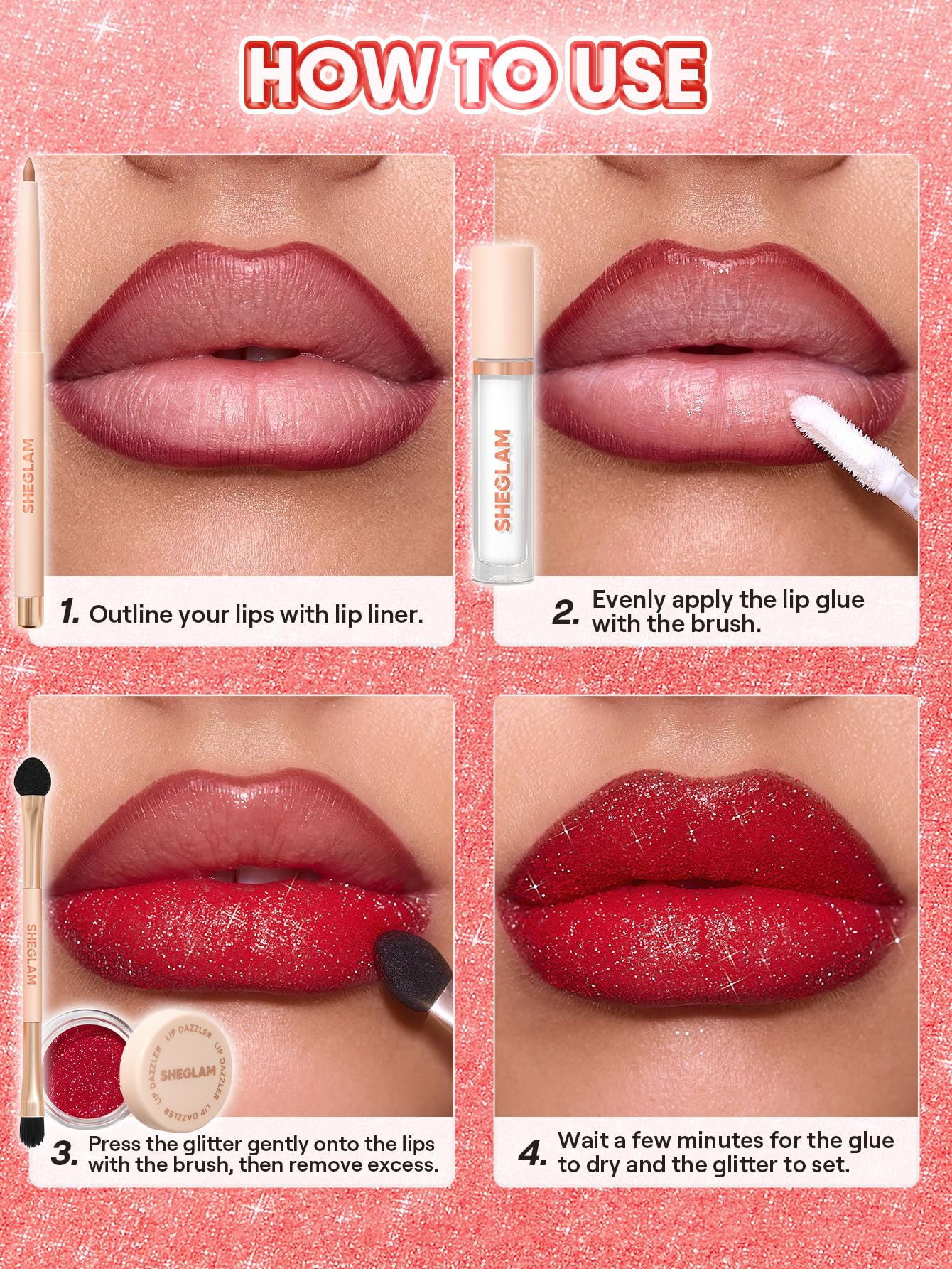 SHEGLAM Lip Dazzler Glitter Kit Long-Lasting Glitter Lip Gloss Sexy Super Stay Non-Sticky Shiny Liquid Kit Lipstick Y2K-Center Stage