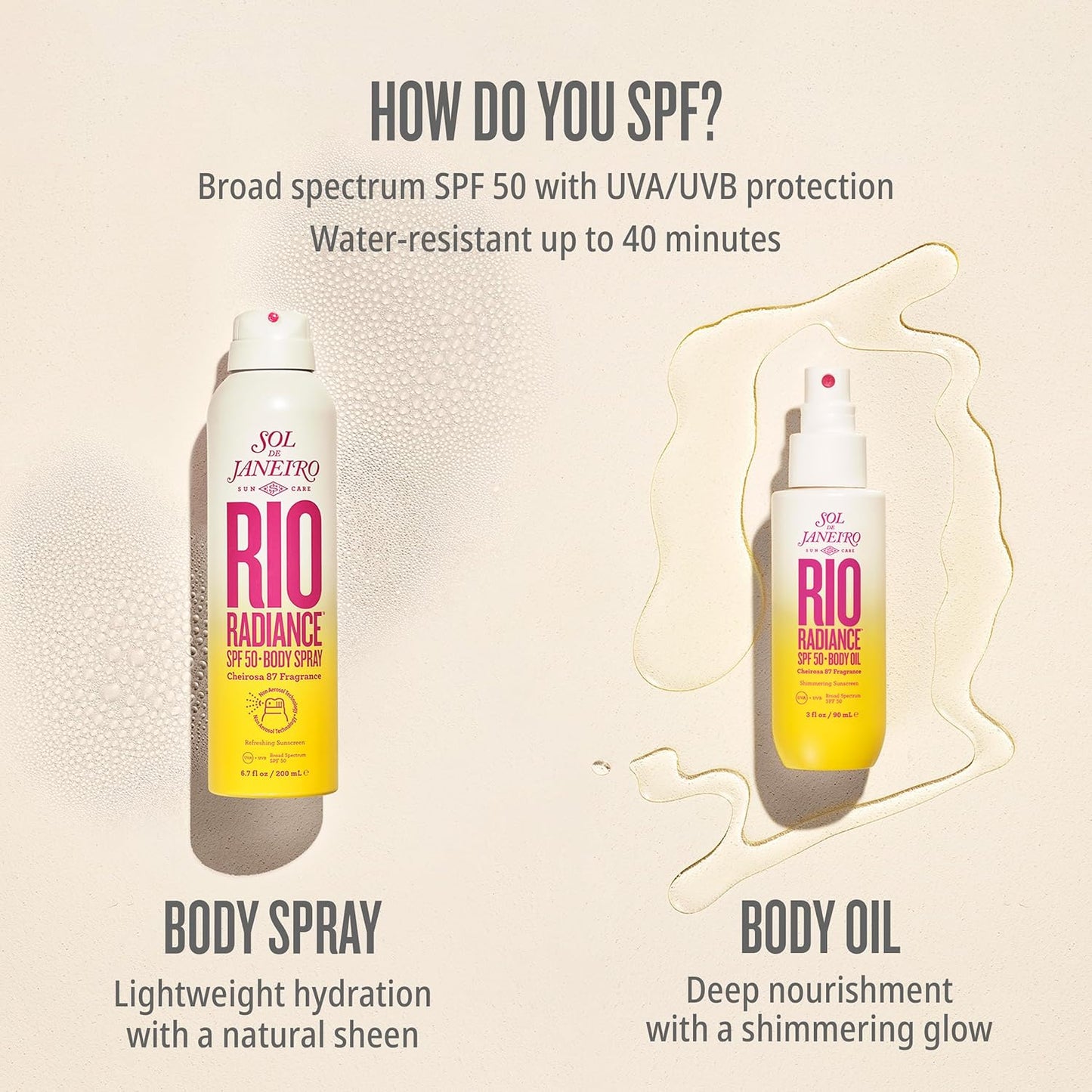 SOL DE JANEIRO Rio Radiance SPF 50 Shimmering Body Oil Broad Spectrum| Spray Sunscreen Dry Oil for Body | UV Protection | 3 fl oz.