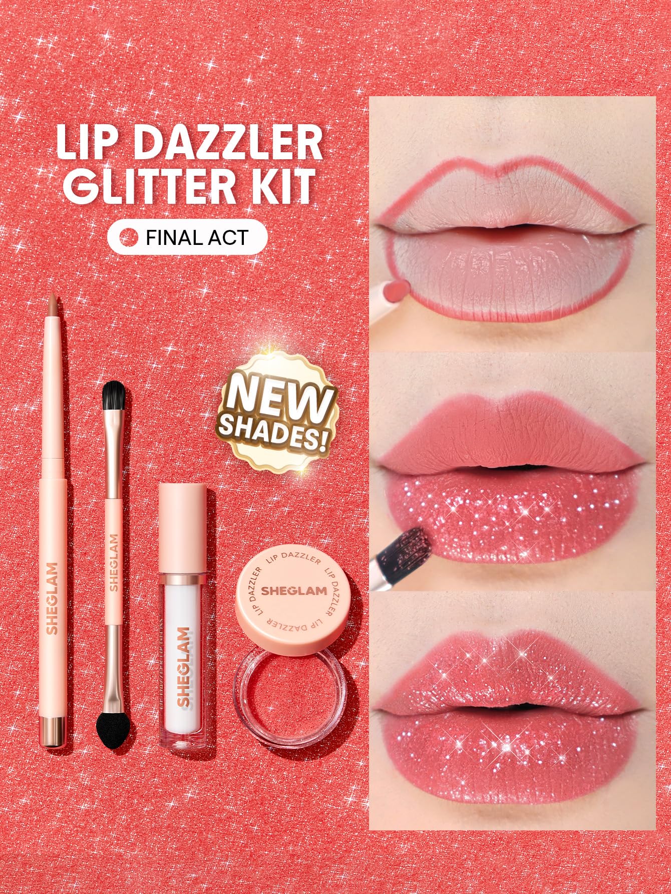 SHEGLAM Lip Dazzler Glitter Kit Long-Lasting Glitter Lip Gloss Sexy Super Stay Non-Sticky Shiny Liquid Kit Lipstick Y2K-Center Stage