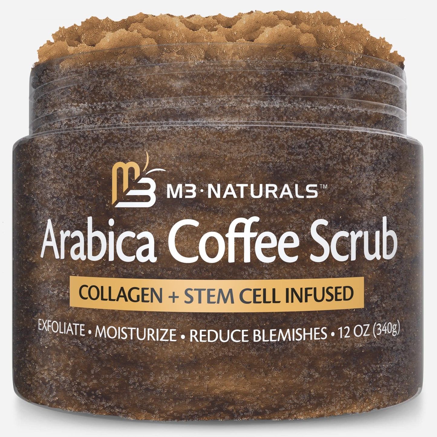 Arabica Coffee Scrub for Hands, Feet, and Body, Exfoliating Scrub with Collagen and Stem Cells, Face Cleanser for Cellulite, Fine Lines, and Stretch Marks by M3 Naturals (1 Pack)
