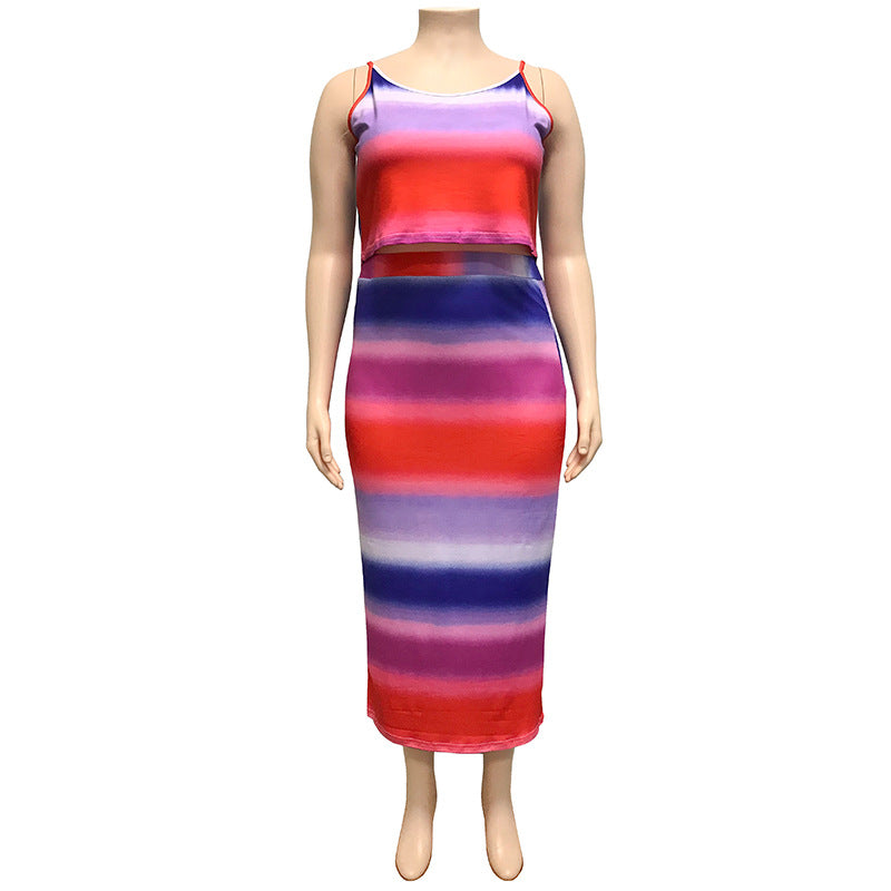 Plus Size Women Leopard Print Sling Mid-Length Dress Set Sexy Two-Piece Suit