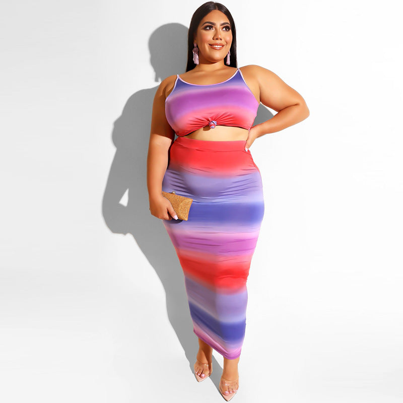 Plus Size Women Leopard Print Sling Mid-Length Dress Set Sexy Two-Piece Suit