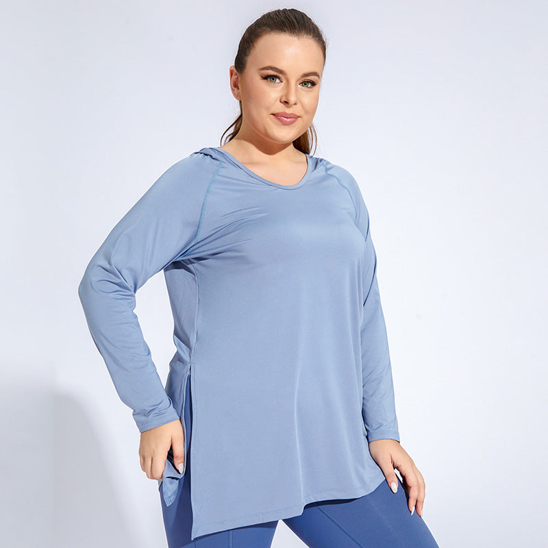 Plus Size Workout Clothes Hooded Long Sleeve Yoga Tight Breathable Exercise Top Long Running Smock Quick Drying T shirt Women