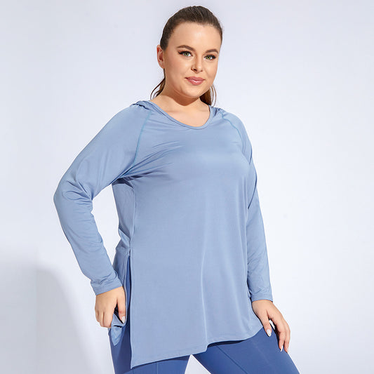 Plus Size Workout Clothes Hooded Long Sleeve Yoga Tight Breathable Exercise Top Long Running Smock Quick Drying T shirt Women