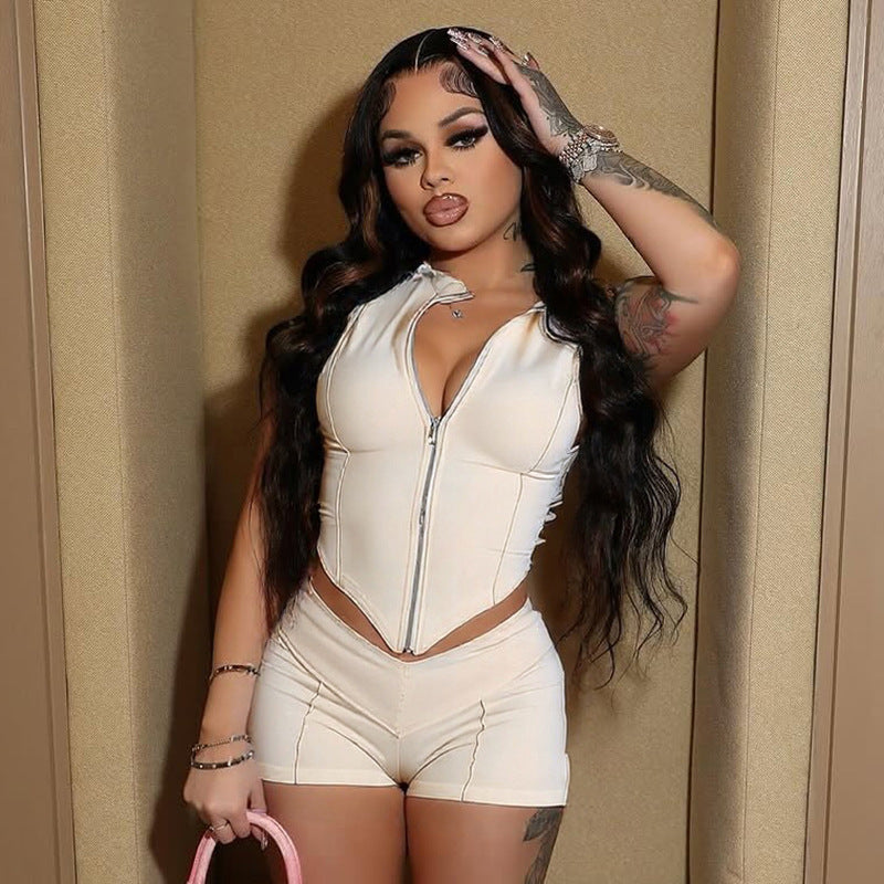 Women Spring Summer Zipper Collared Sleeveless Line Bare Cropped High Waist Close Fitting Shorts Two Piece Sets
