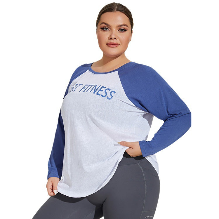 Plus Size Loose Breathable Lightweight Yoga Clothes Blouse Women Tencel Color Matching Running Top Long Sleeve Fitness T Shirt