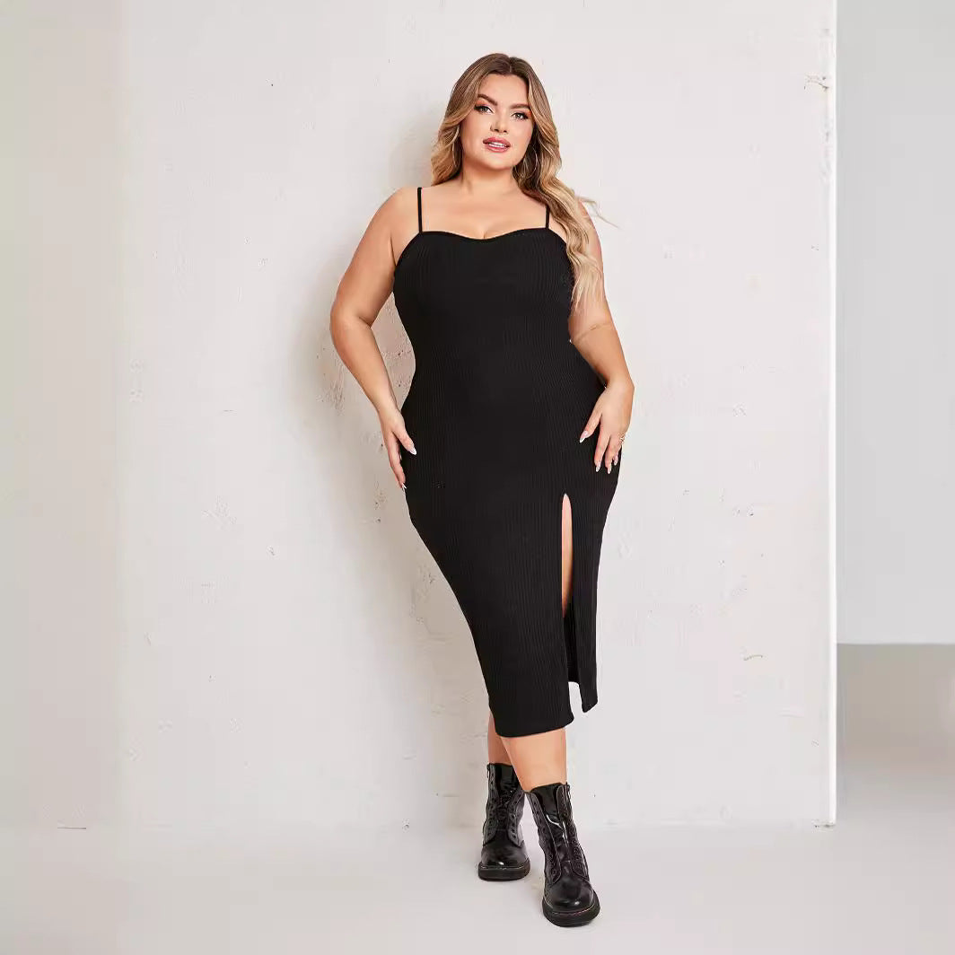 Plus Size Women Dress Simple Suit Outer Strap Backless Dress High Slit