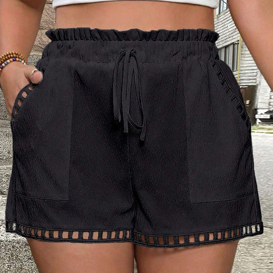 Black Lace Trim High-Waist Lounge Shorts