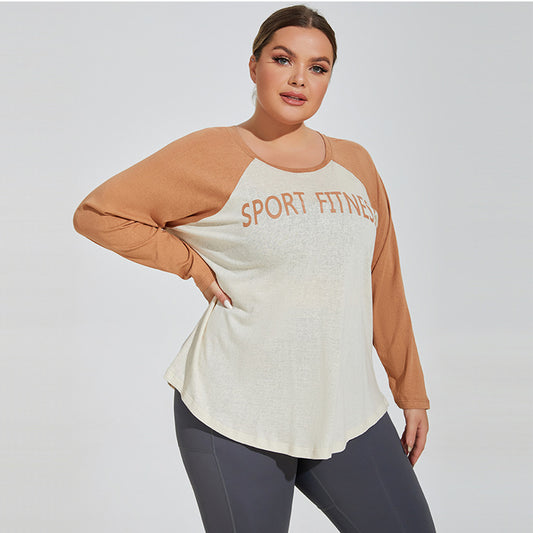 Plus Size Loose Breathable Lightweight Yoga Clothes Blouse Women Tencel Color Matching Running Top Long Sleeve Fitness T Shirt