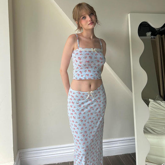 Fresh Sweet Floral Strap Tube Top Skirt Set Summer Two Piece Set