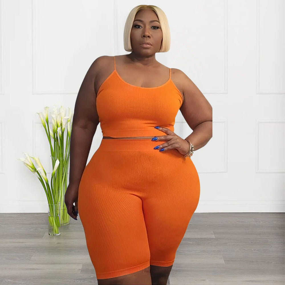 Plus Size Women Clothing Casual Sports Two Piece High Elastic U Shaped Sleeveless Shorts Suit
