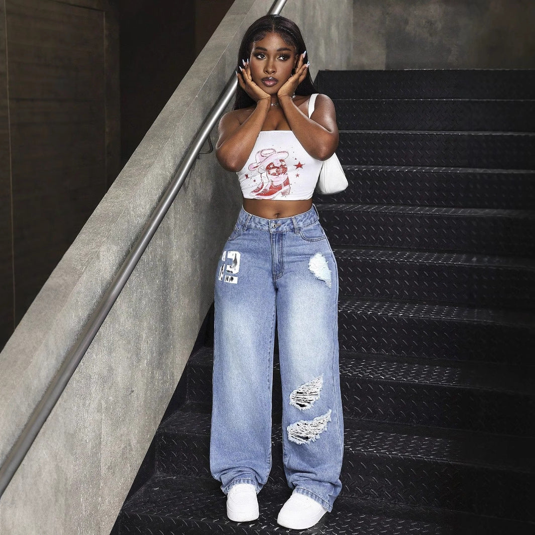 Women Clothing Straight All Match Hole Denim Long Jeans