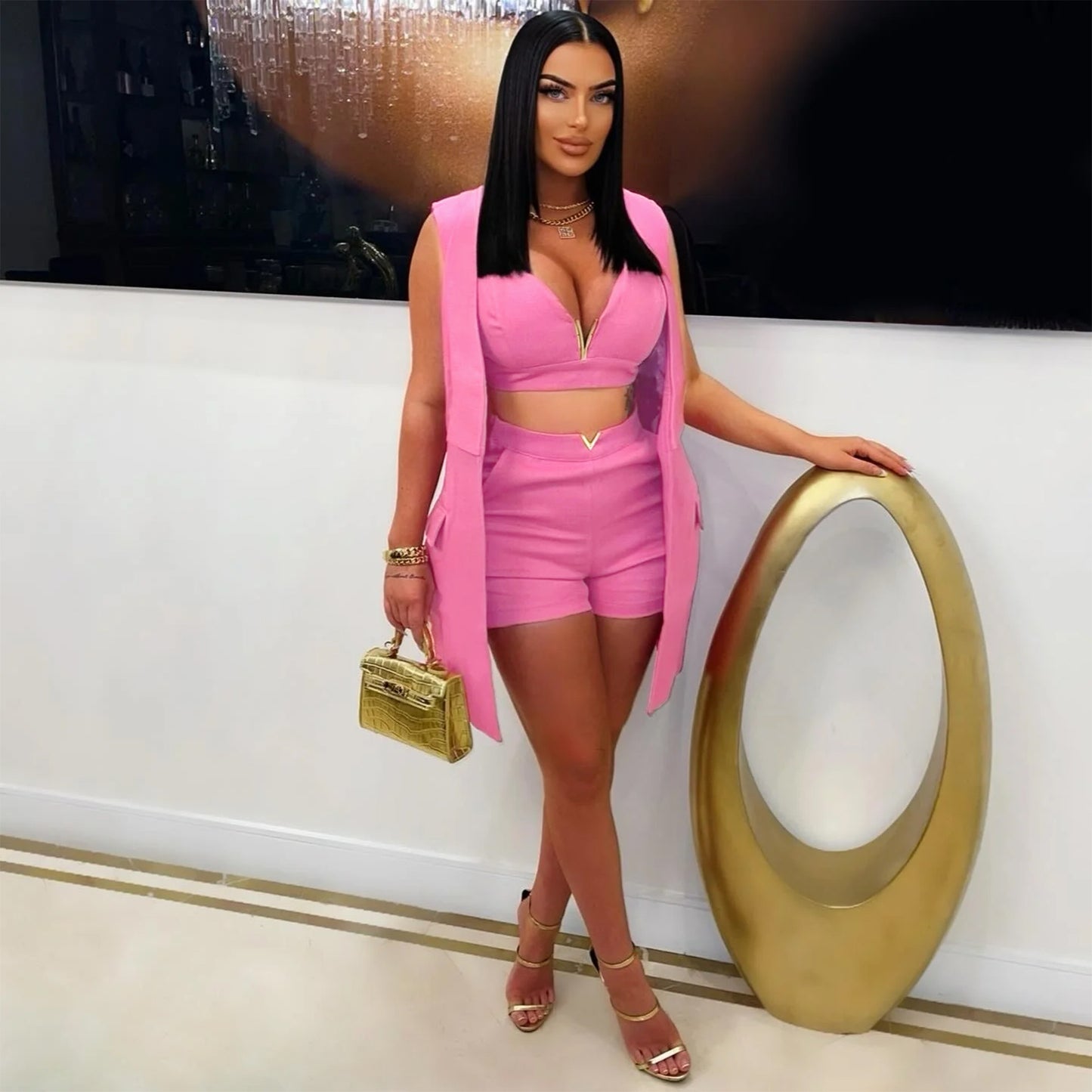 Elegant Office Vest Collared Cardigan Three Piece Sets