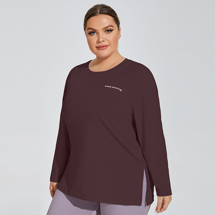 Plus Size Loose Letter Graphic Loose Yoga Clothes Sports Long Sleeve Women Slit Hemline at Hem T shirt Casual Long Workout Top