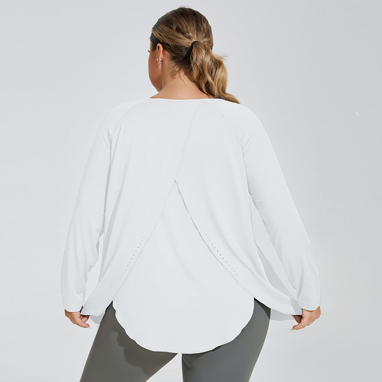 Plus Size Slit Beauty Back Yoga Clothes Women Loose Quick Drying Running Sport Long Sleeve Top Breathable Workout Blouse