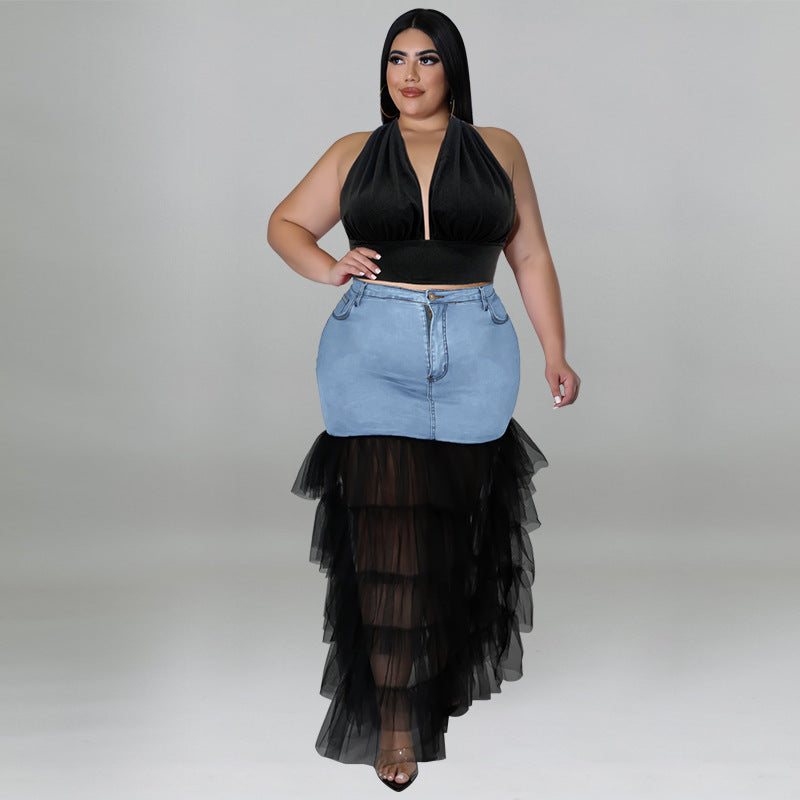 Plus Size Women Clothes Washed Denim Stitching Mesh Personalized Sexy Skirt Sets