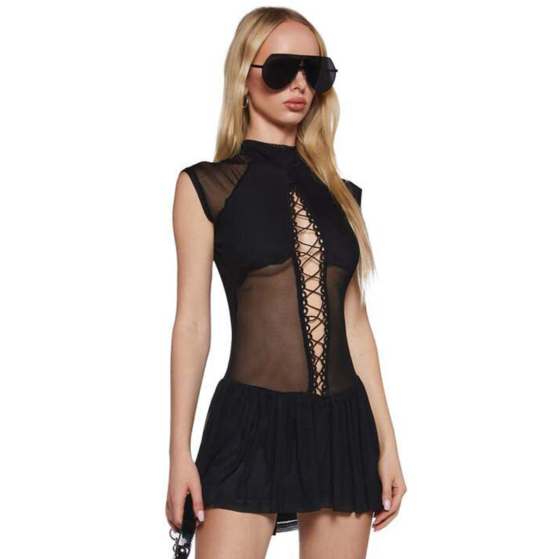 Women Clothing Summer Half Turtleneck Lace up Cutout Rope Stitching Mesh Pleated Dress