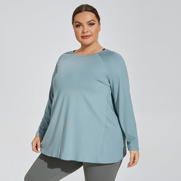 Plus Size Slit Beauty Back Yoga Clothes Women Loose Quick Drying Running Sport Long Sleeve Top Breathable Workout Blouse