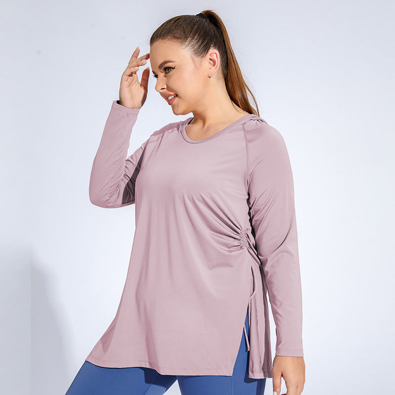 Plus Size Workout Clothes Hooded Long Sleeve Yoga Tight Breathable Exercise Top Long Running Smock Quick Drying T shirt Women