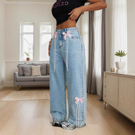 Exclusive Snowflake Washed Bow Decoration Wide Leg Jeans Jeans