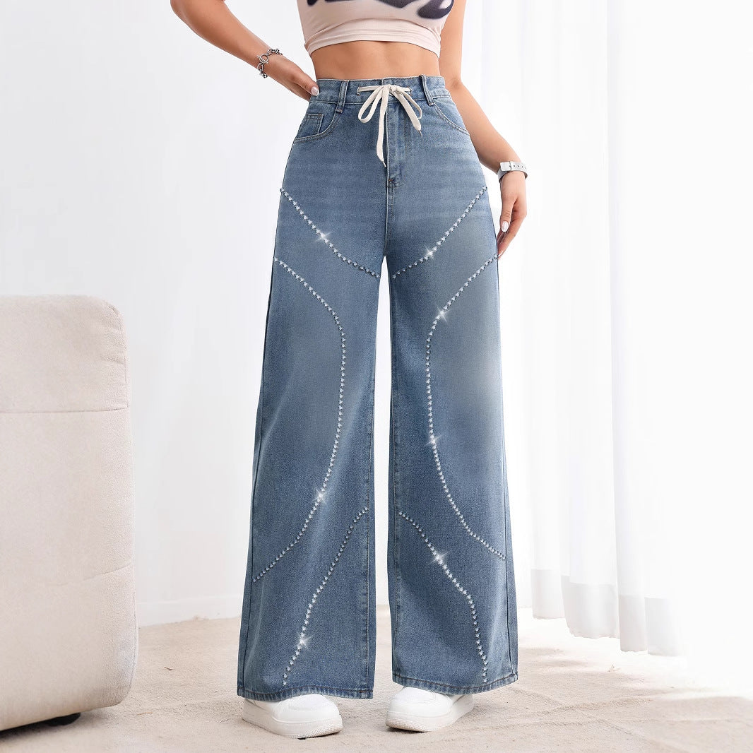 Rhinestone Beaded Heavy Industry Street Sexy High Waist Straight Leg Denim Trousers Jeans
