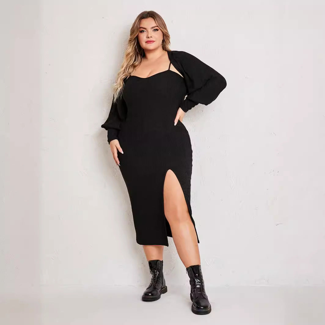 Plus Size Women Dress Simple Suit Outer Strap Backless Dress High Slit
