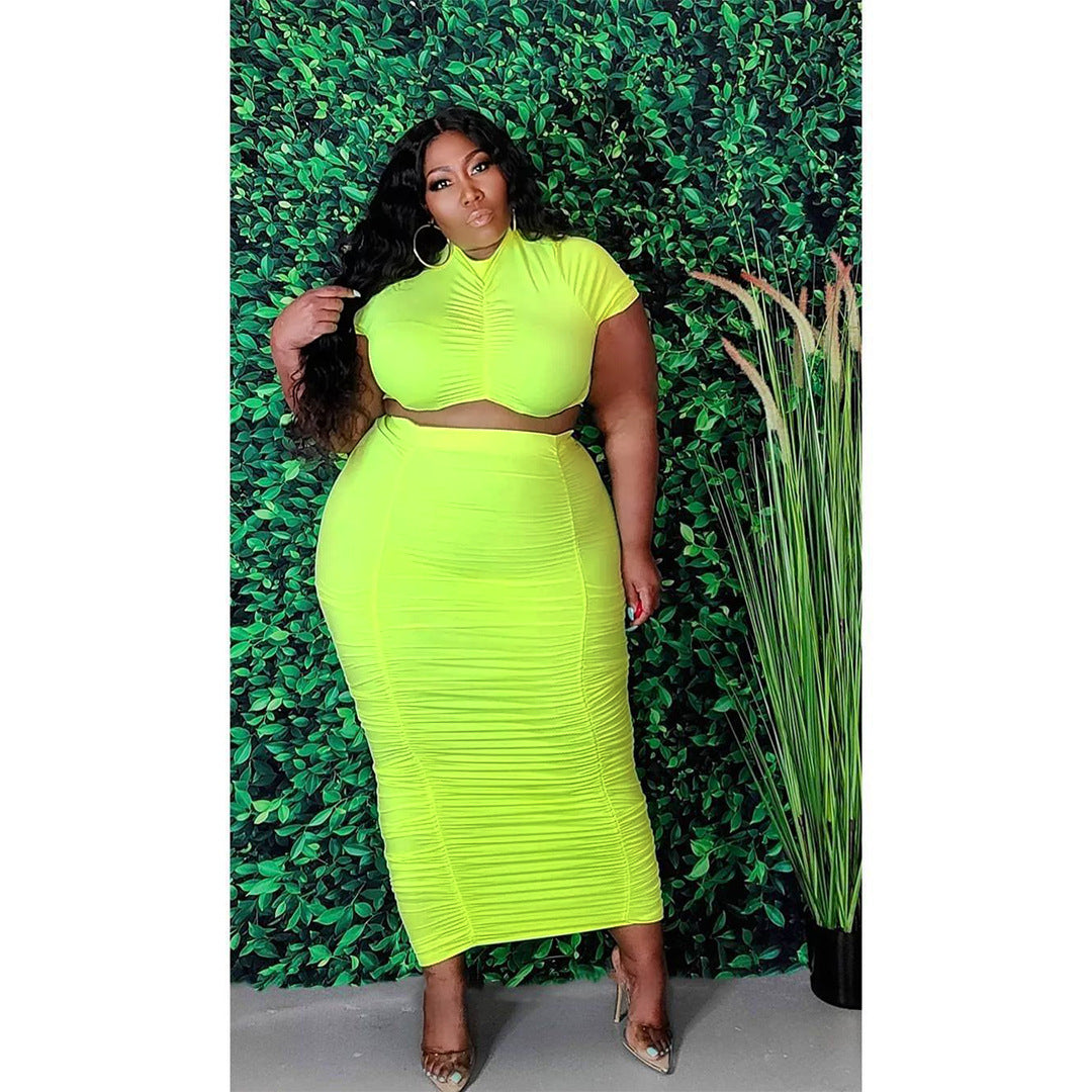 Plus Size Plus Size Women Solid Color Pleated Super Elastic Skirt Set Two-Piece Set