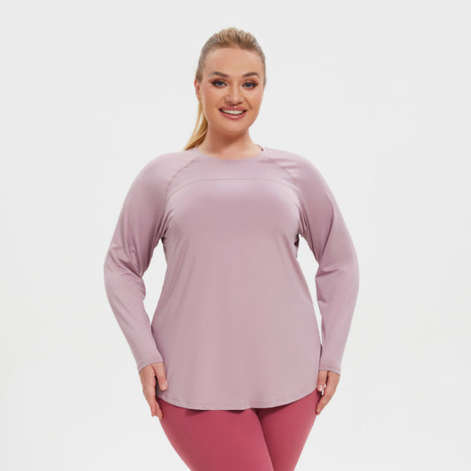 Plus Size Mesh Stitching Moisture Wicking T shirt Curved Hem Sports Fitness Top Yoga Clothes Long Sleeve Women
