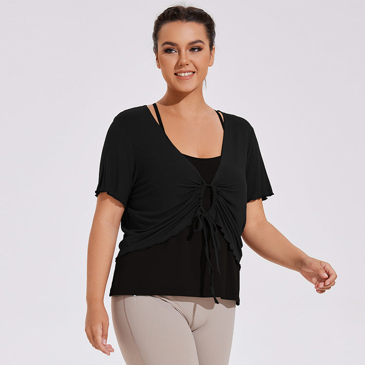 Plus Size Loose Short Sleeved Blouse Yoga Quick Drying Sports Running Vest Bra Workout Two Piece Clothes